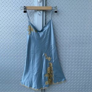 Baby blue vintage Victoria Secret slip dress with gold lace detailing
